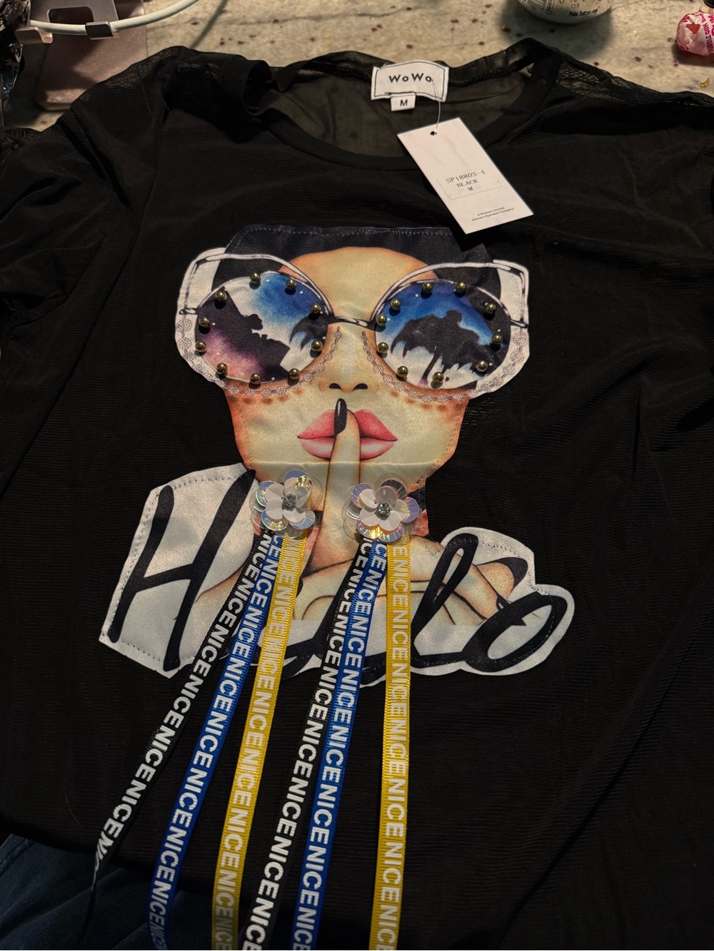 Black Graphic Sunglasses short sleeve mesh Tee with Colorful Embellished Detail